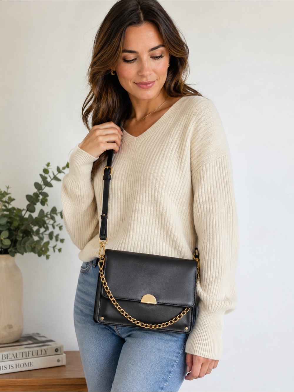 Coach Black Leather Crossbody Bag with Gold Hardware & Chain